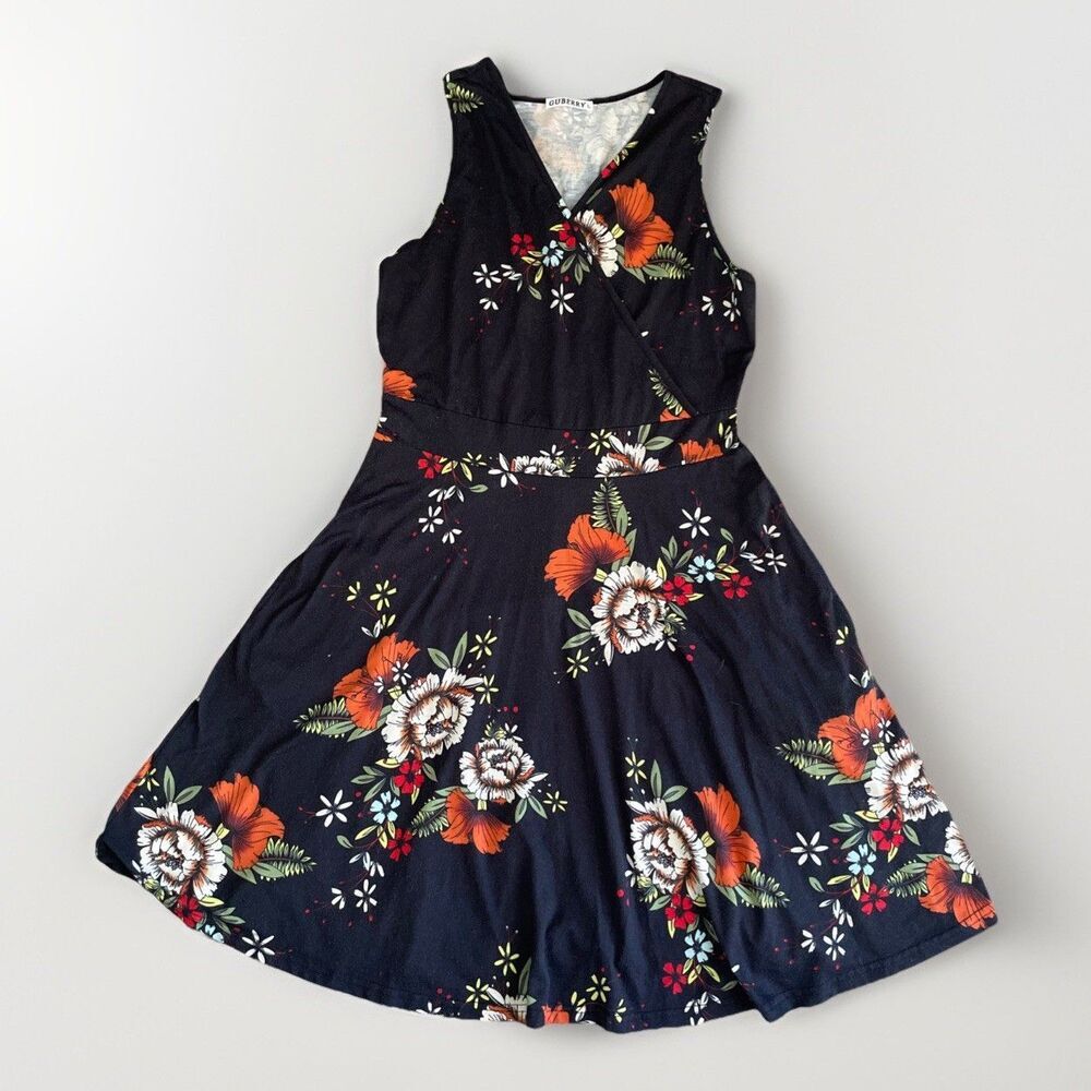 Guberry Size L Wrap Dress V Neck Pockets Sleeveless Navy Multicolor Floral‎ Knit